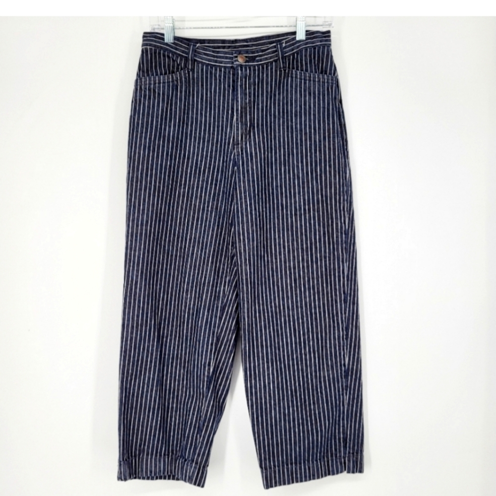 Vintage Pinstripe Denim High Rise Crop Pants Blue Jean Stripes Size 28